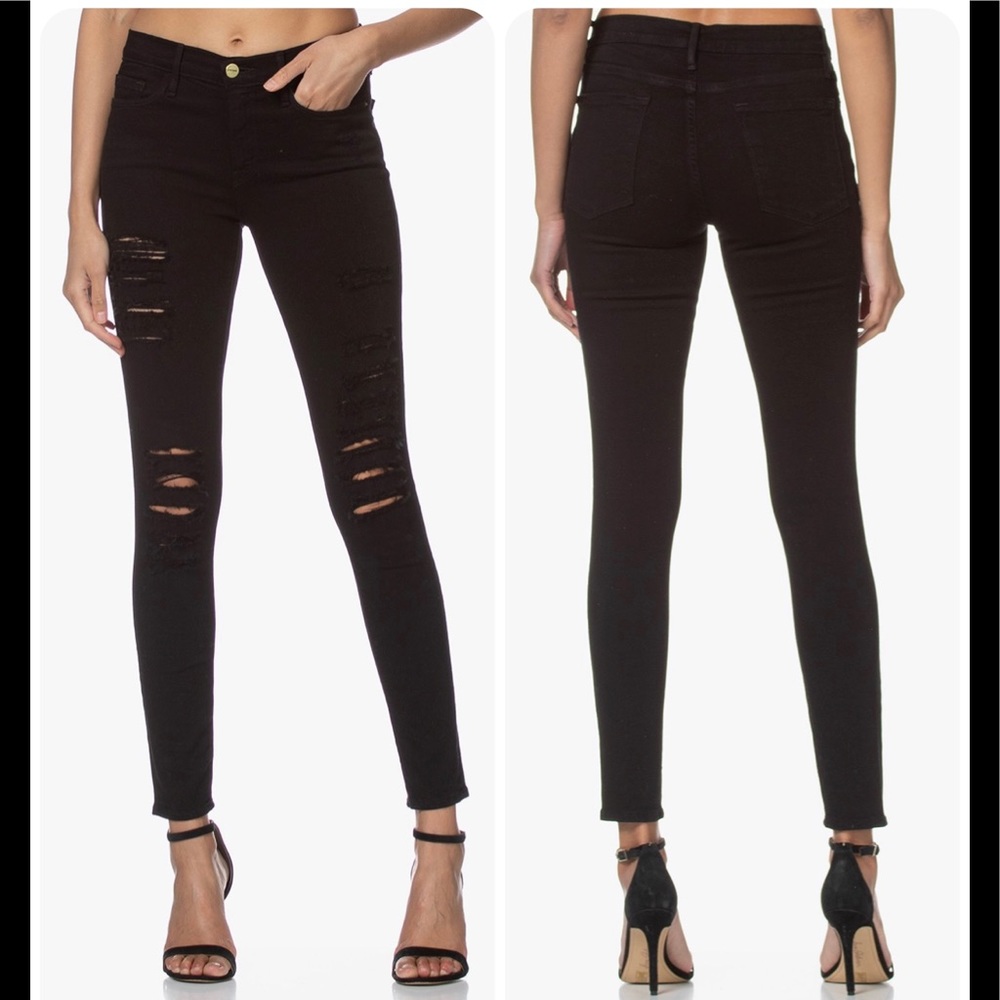• FRAME • Le Skinny de Jeanne Ripped Denim Jeans • Noir • 25 • Retail $210